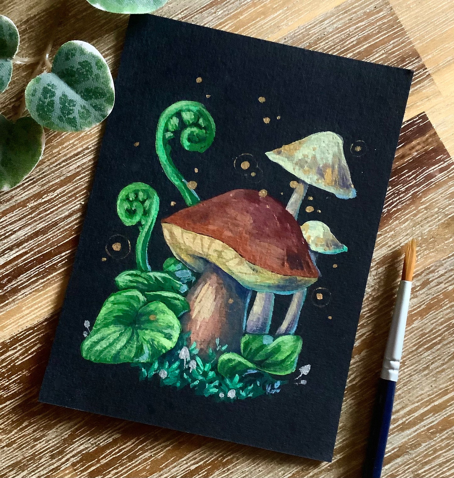Metallic Gouache Original “Mushrooms and Fern”